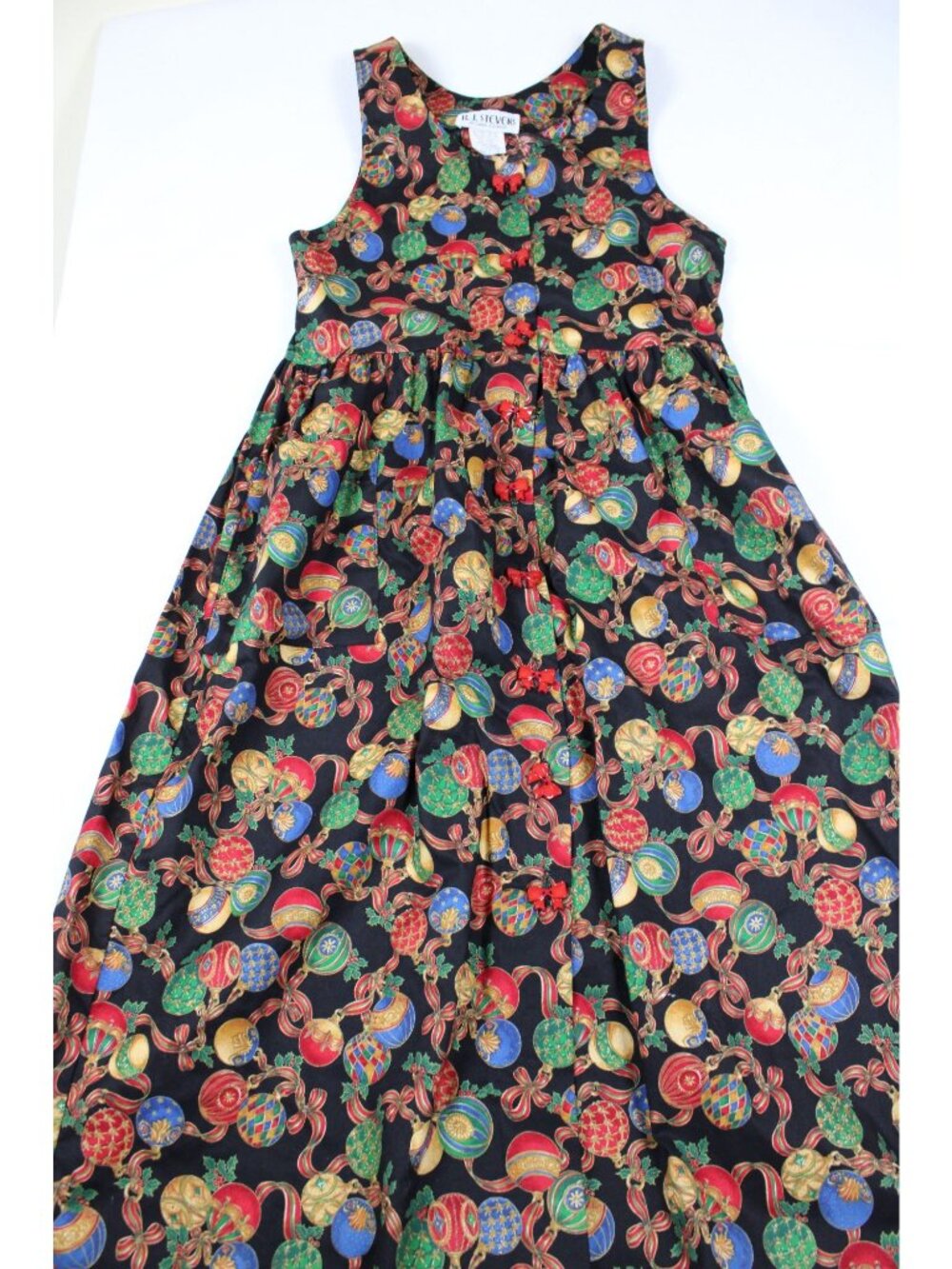 R.J. Stevens Festive Holiday Maxi Dress Ornament Print Red Bow Accents Sleeveles